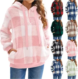 Fleece Hoodies for Women Plaid Long Sleeve Hoodie Casual Half Zip Sweatshirts Winter Sherpa Pullover