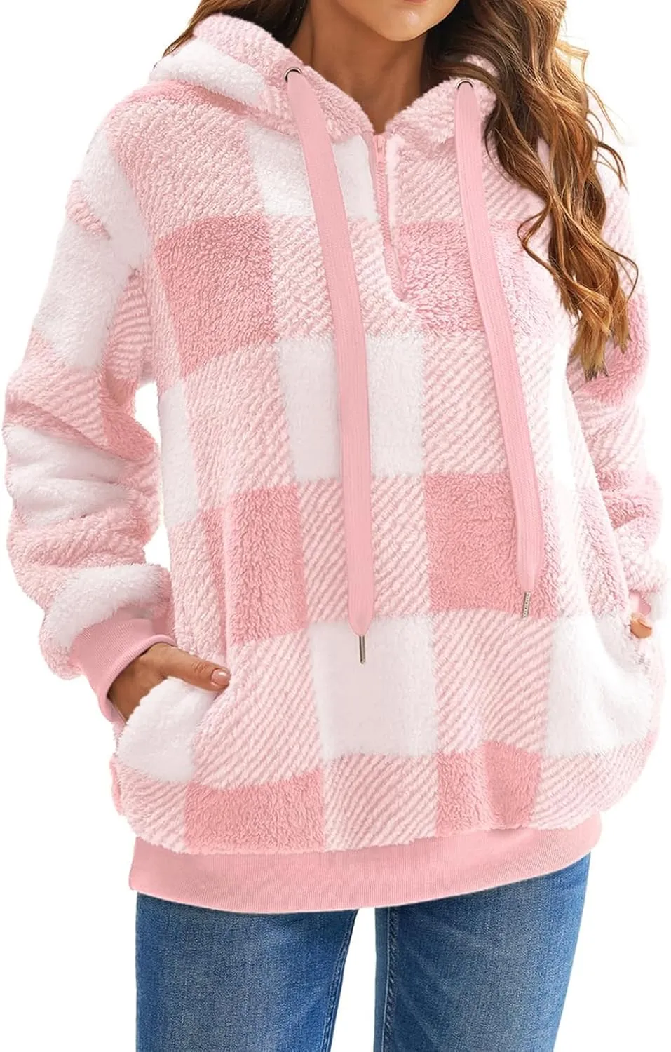 Fleece Hoodies for Women Plaid Long Sleeve Hoodie Casual Half Zip Sweatshirts Winter Sherpa Pullover