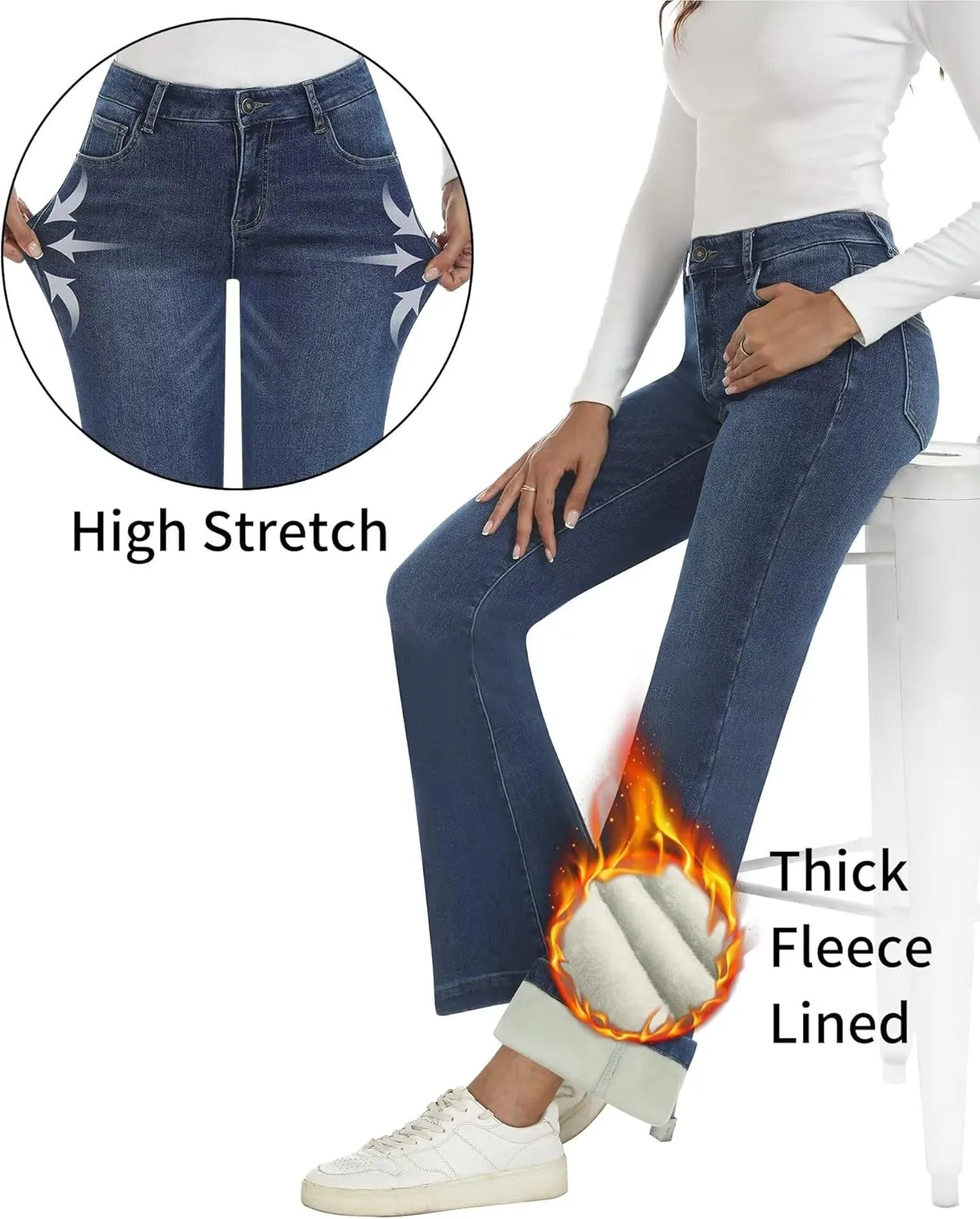 Fleece Lined Jeans Women High Waisted Stretchy Winter Jeans Warm Thermal Pants Thick Bell Bottom Wide Leg Jeans Woman