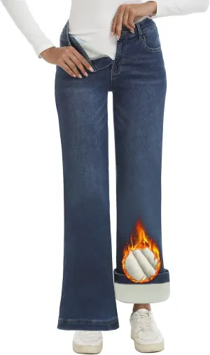 Fleece Lined Jeans Women High Waisted Stretchy Winter Jeans Warm Thermal Pants Thick Bell Bottom Wide Leg Jeans Woman