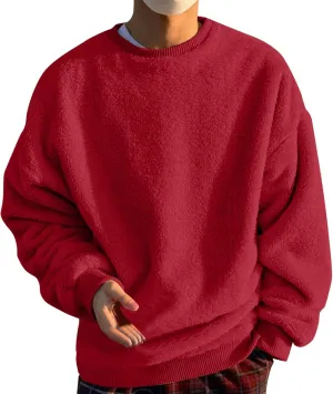 Fuzzy Sherpa Sweatshirt Mens Winter Fleece Pullover Crewneck Sweatshirts Loose Fit Solid Color Plus Size Tops
