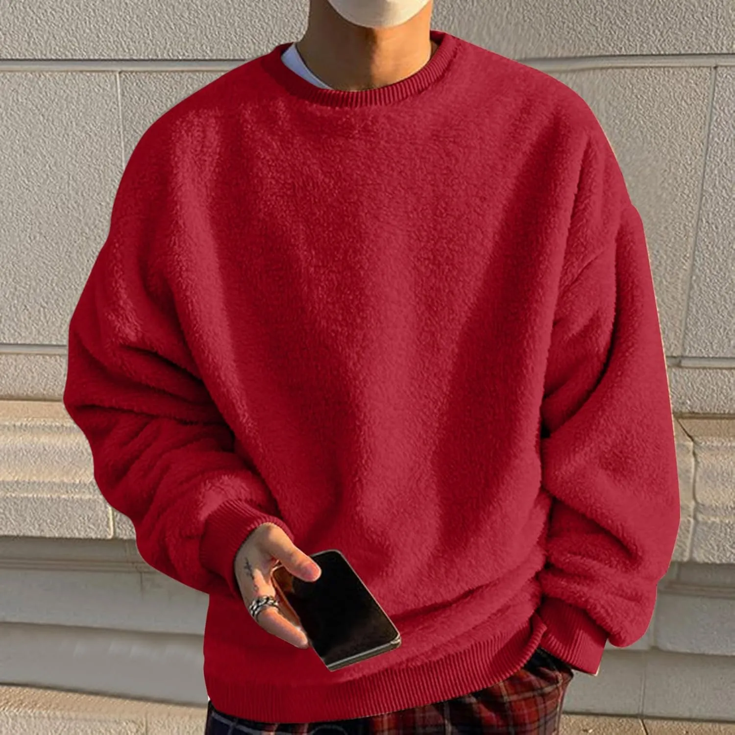 Fuzzy Sherpa Sweatshirt Mens Winter Fleece Pullover Crewneck Sweatshirts Loose Fit Solid Color Plus Size Tops