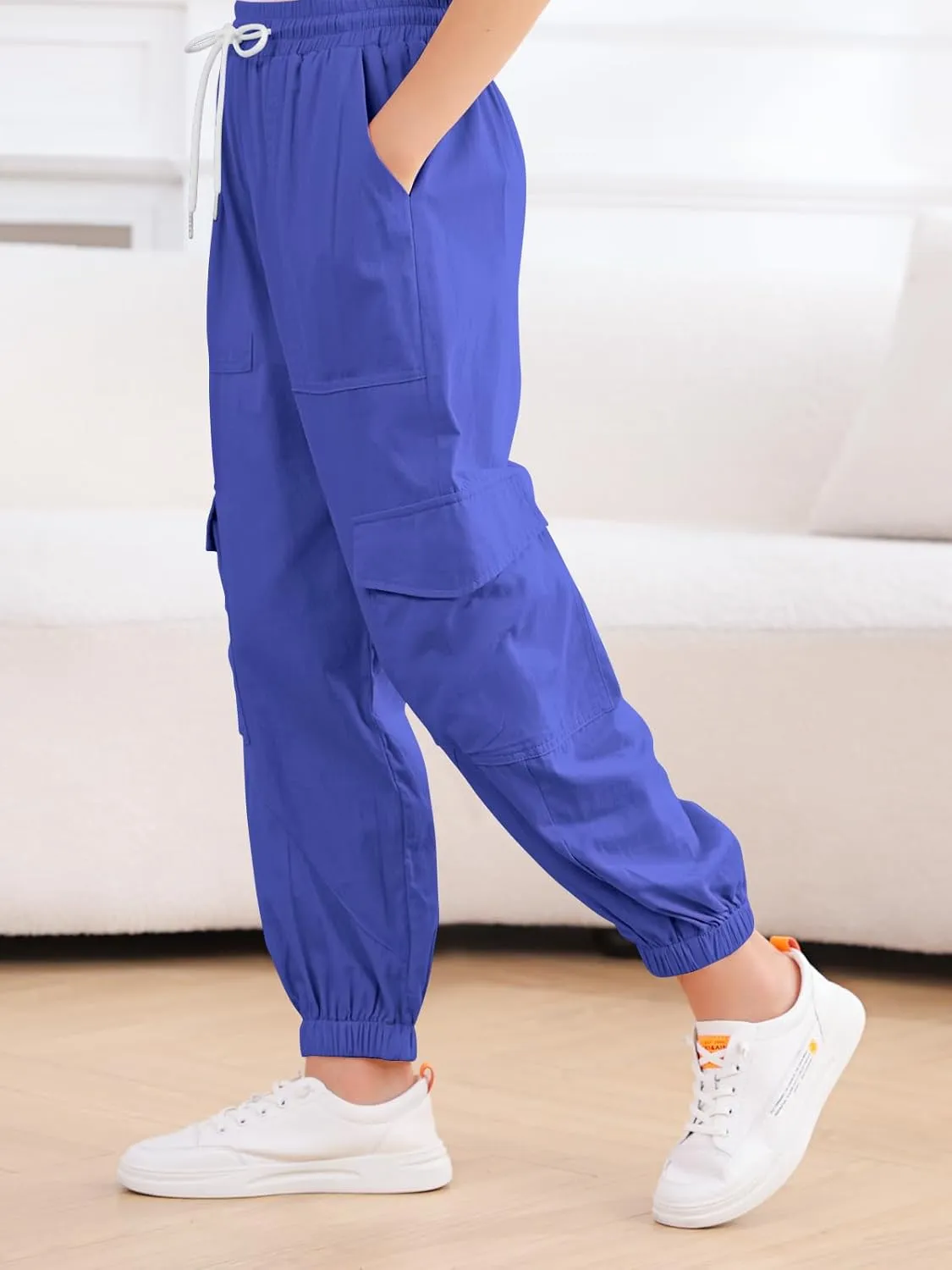 Girls Cargo Pants Elastic Waist Casual Jogger Pants for Girls Streetwear Loose Parachute with Pockets 7-14Years