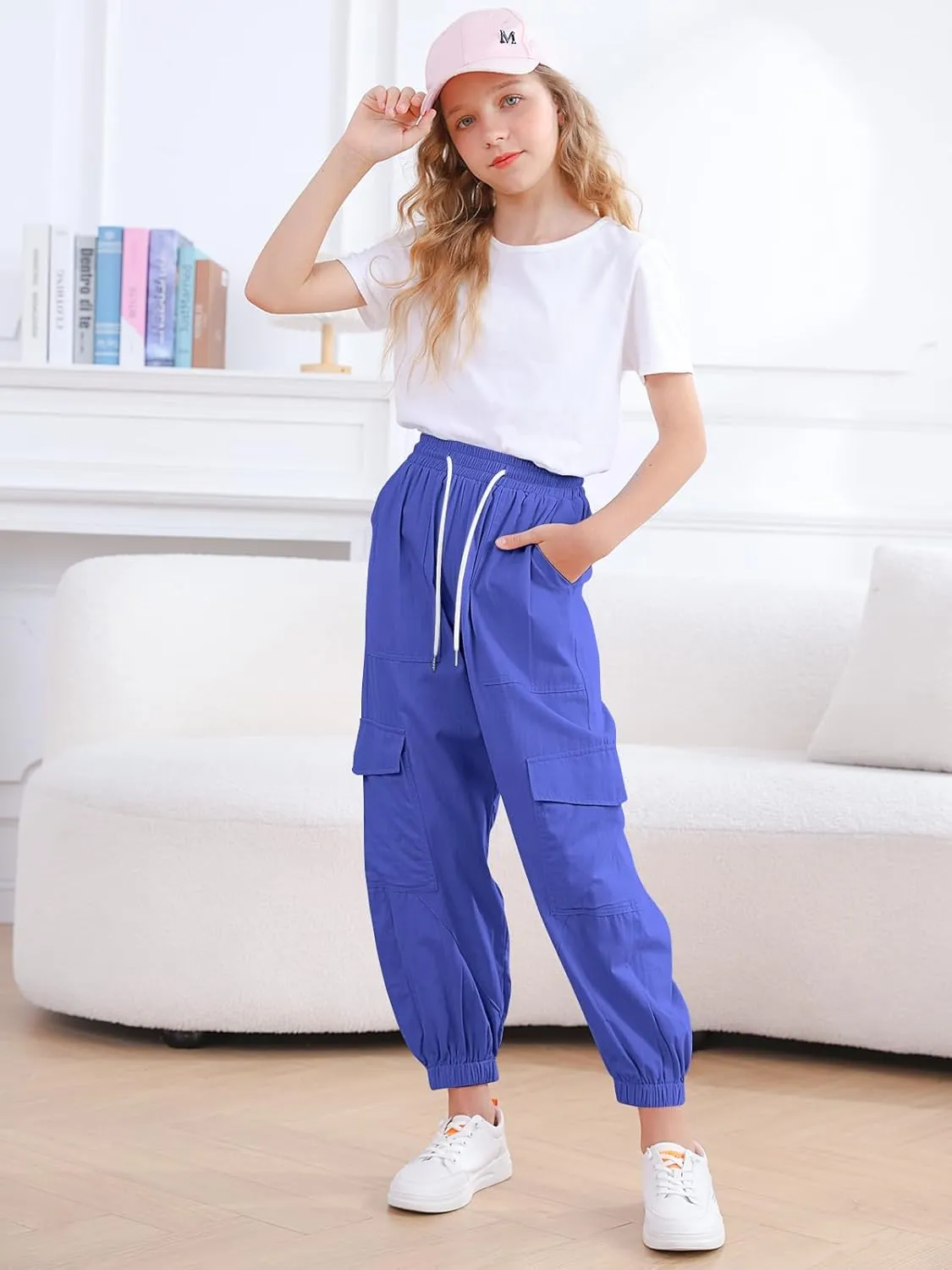 Girls Cargo Pants Elastic Waist Casual Jogger Pants for Girls Streetwear Loose Parachute with Pockets 7-14Years