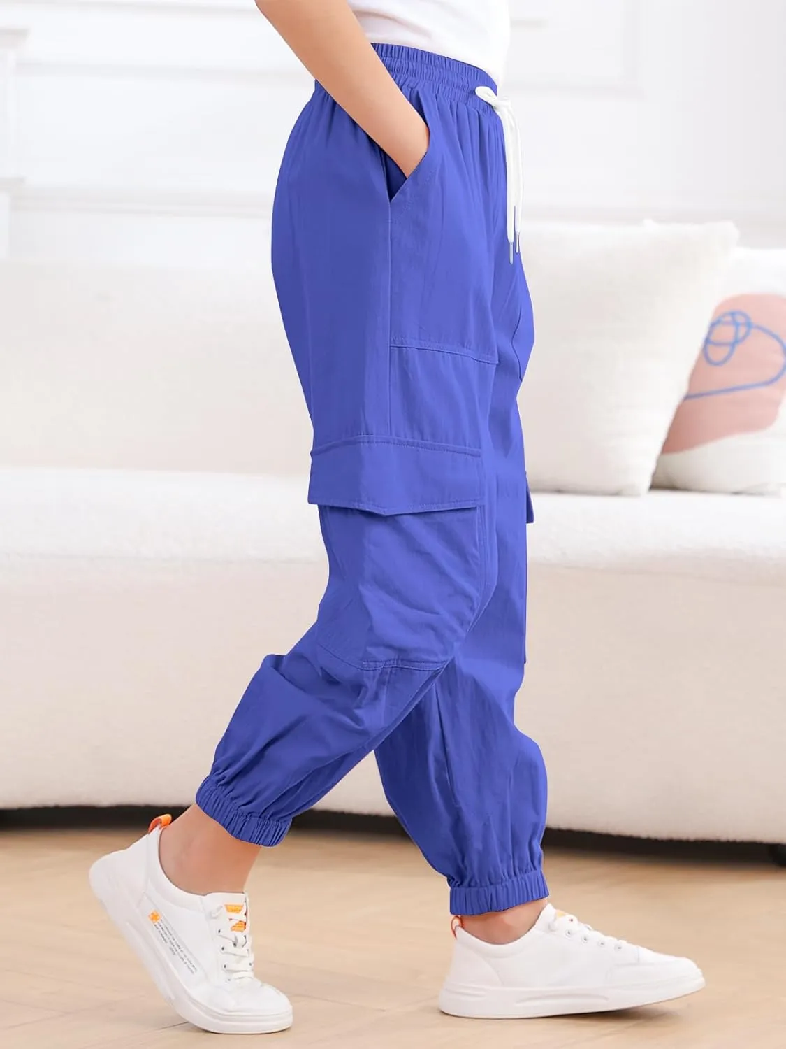 Girls Cargo Pants Elastic Waist Casual Jogger Pants for Girls Streetwear Loose Parachute with Pockets 7-14Years