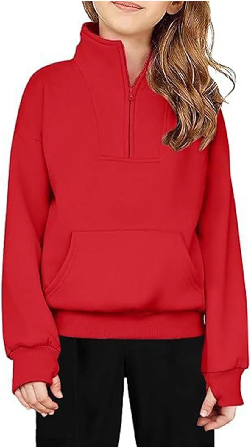 Girls Half Zip Pullover Cropped Sweatshirts for Girls' Long Sleeve Sweat Shirts with Thumb Hole