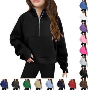 Girls Half Zip Pullover Cropped Sweatshirts for Girls' Long Sleeve Sweat Shirts with Thumb Hole
