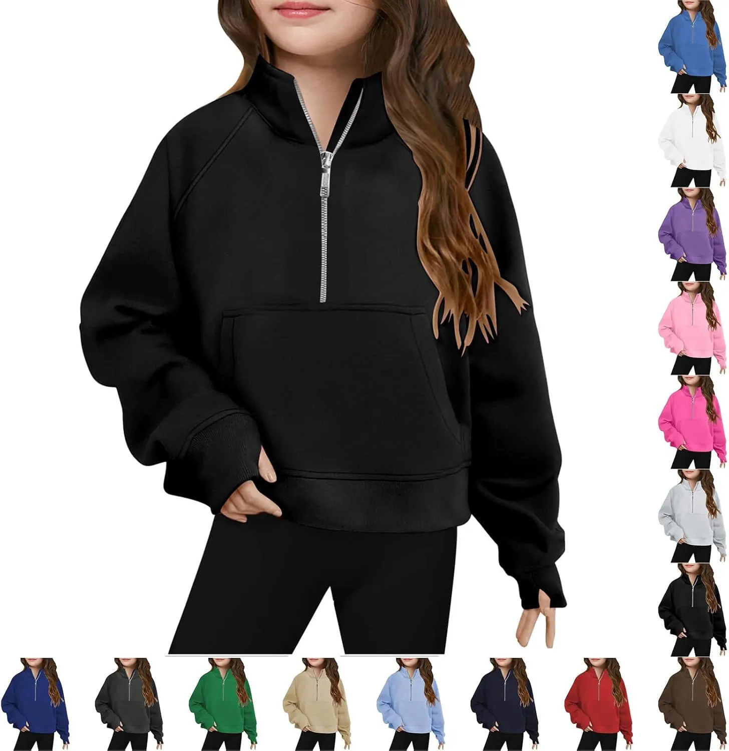 Girls Half Zip Pullover Cropped Sweatshirts for Girls' Long Sleeve Sweat Shirts with Thumb Hole