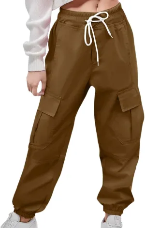 Girls Joggers Sweatpants Cargo Loose High Waisted Drawstring Pants Casual Outwear Trousers with Pockets 3-11 Years