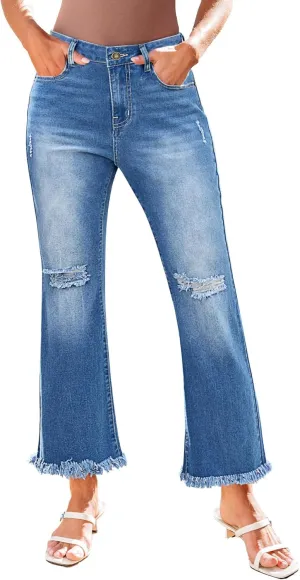 GRAPENT Flare Jeans for Women Trendy High Waisted Cropped Ripped Jeans Wide Leg Stretchy Denim Ankle Pants Raw Hem Jeans