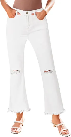 GRAPENT Flare Jeans for Women Trendy High Waisted Cropped Ripped Jeans Wide Leg Stretchy Denim Ankle Pants Raw Hem Jeans
