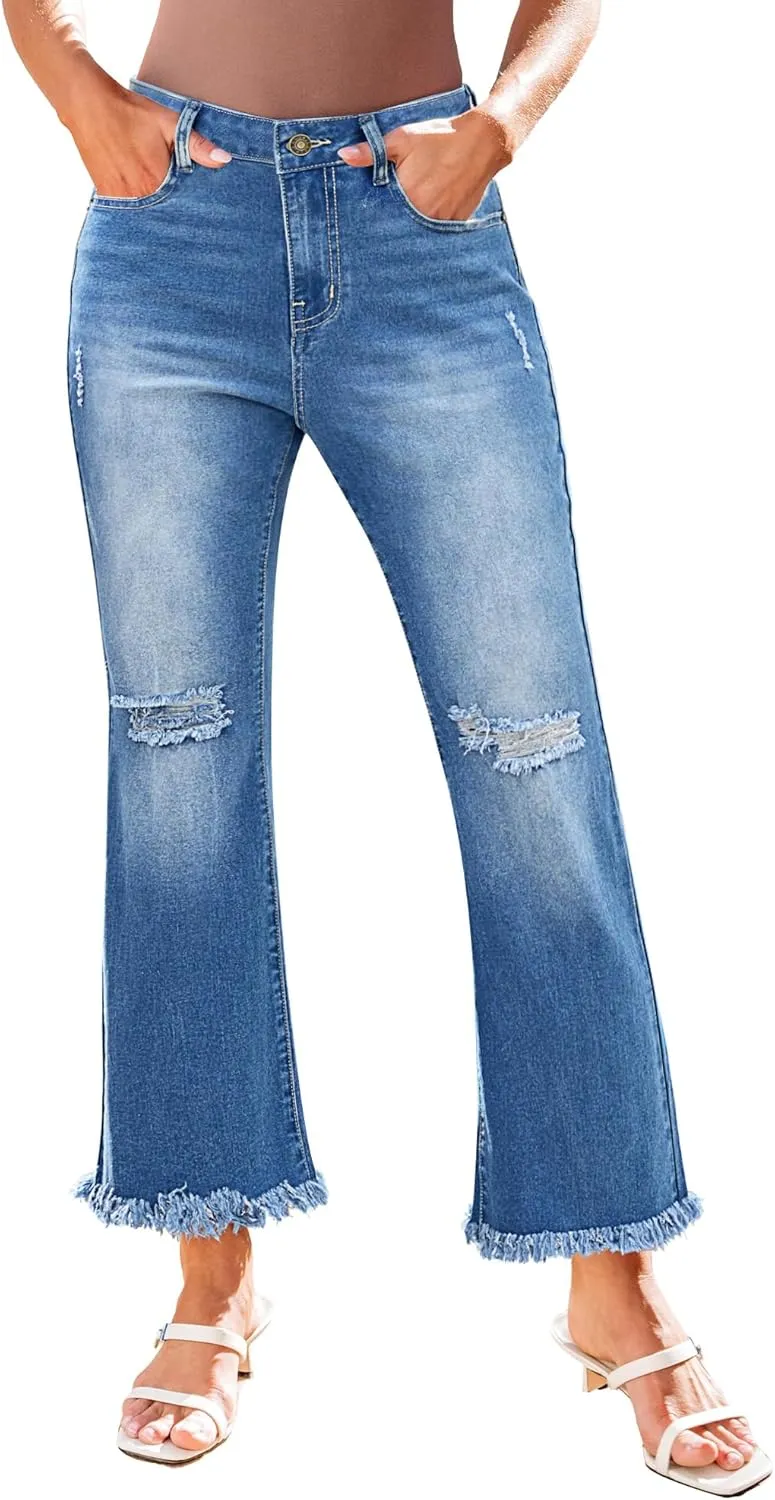 GRAPENT Flare Jeans for Women Trendy High Waisted Cropped Ripped Jeans Wide Leg Stretchy Denim Ankle Pants Raw Hem Jeans