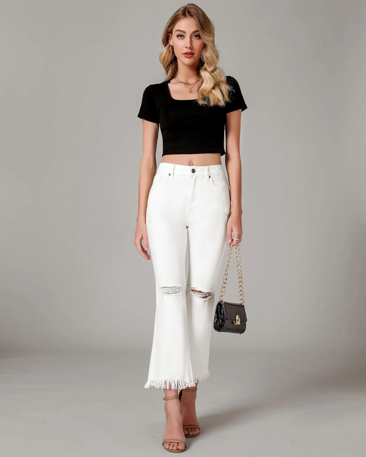 GRAPENT Flare Jeans for Women Trendy High Waisted Cropped Ripped Jeans Wide Leg Stretchy Denim Ankle Pants Raw Hem Jeans