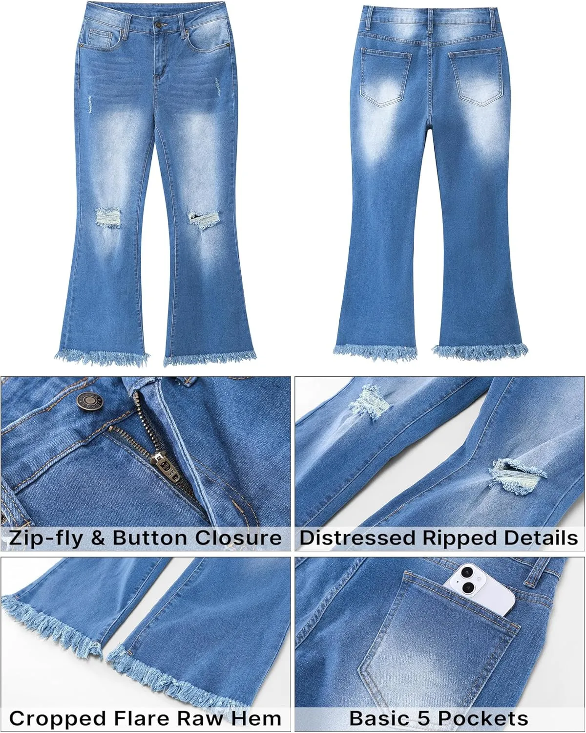 GRAPENT Flare Jeans for Women Trendy High Waisted Cropped Ripped Jeans Wide Leg Stretchy Denim Ankle Pants Raw Hem Jeans