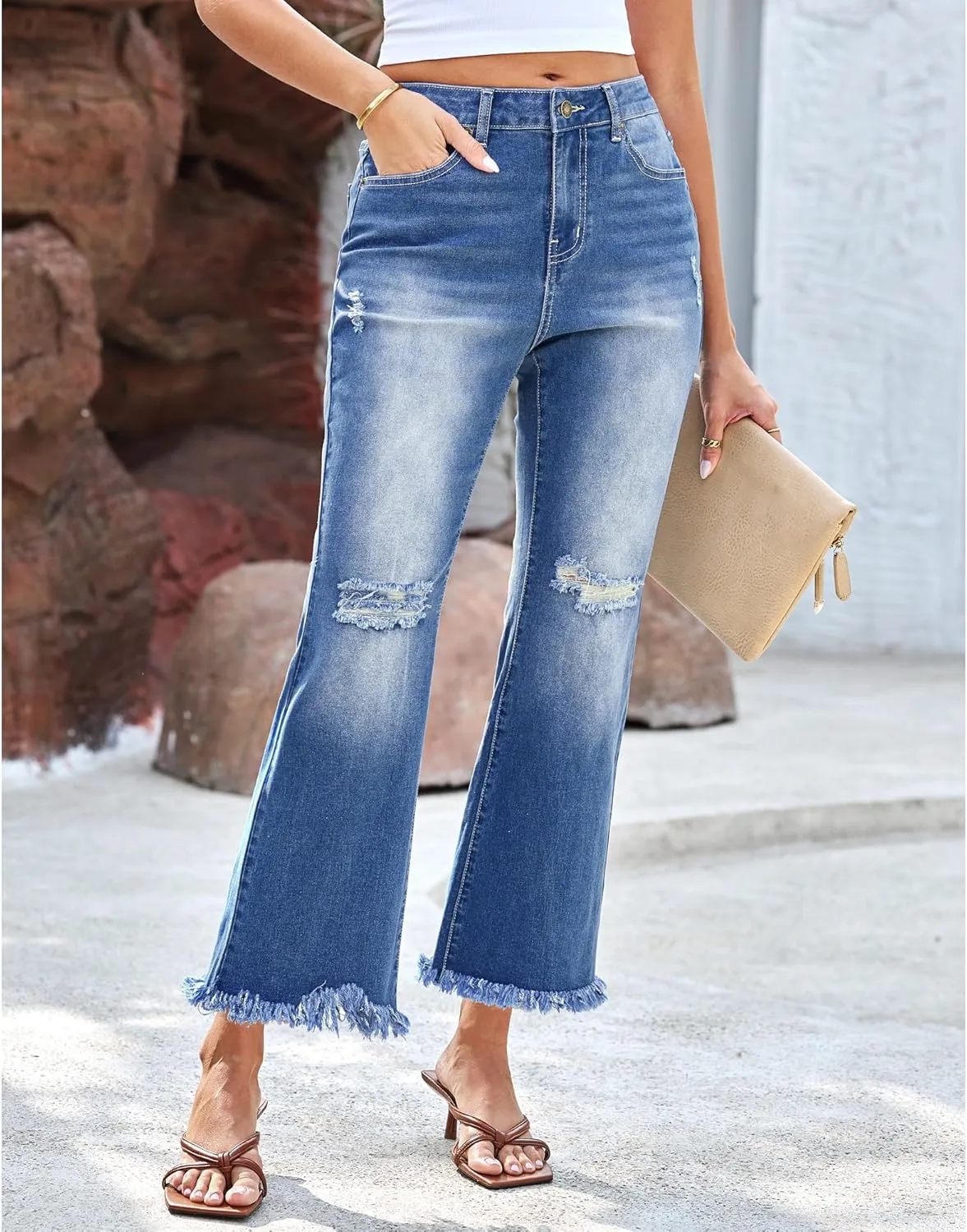 GRAPENT Flare Jeans for Women Trendy High Waisted Cropped Ripped Jeans Wide Leg Stretchy Denim Ankle Pants Raw Hem Jeans