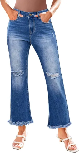 GRAPENT Flare Jeans for Women Trendy High Waisted Cropped Ripped Jeans Wide Leg Stretchy Denim Ankle Pants Raw Hem Jeans