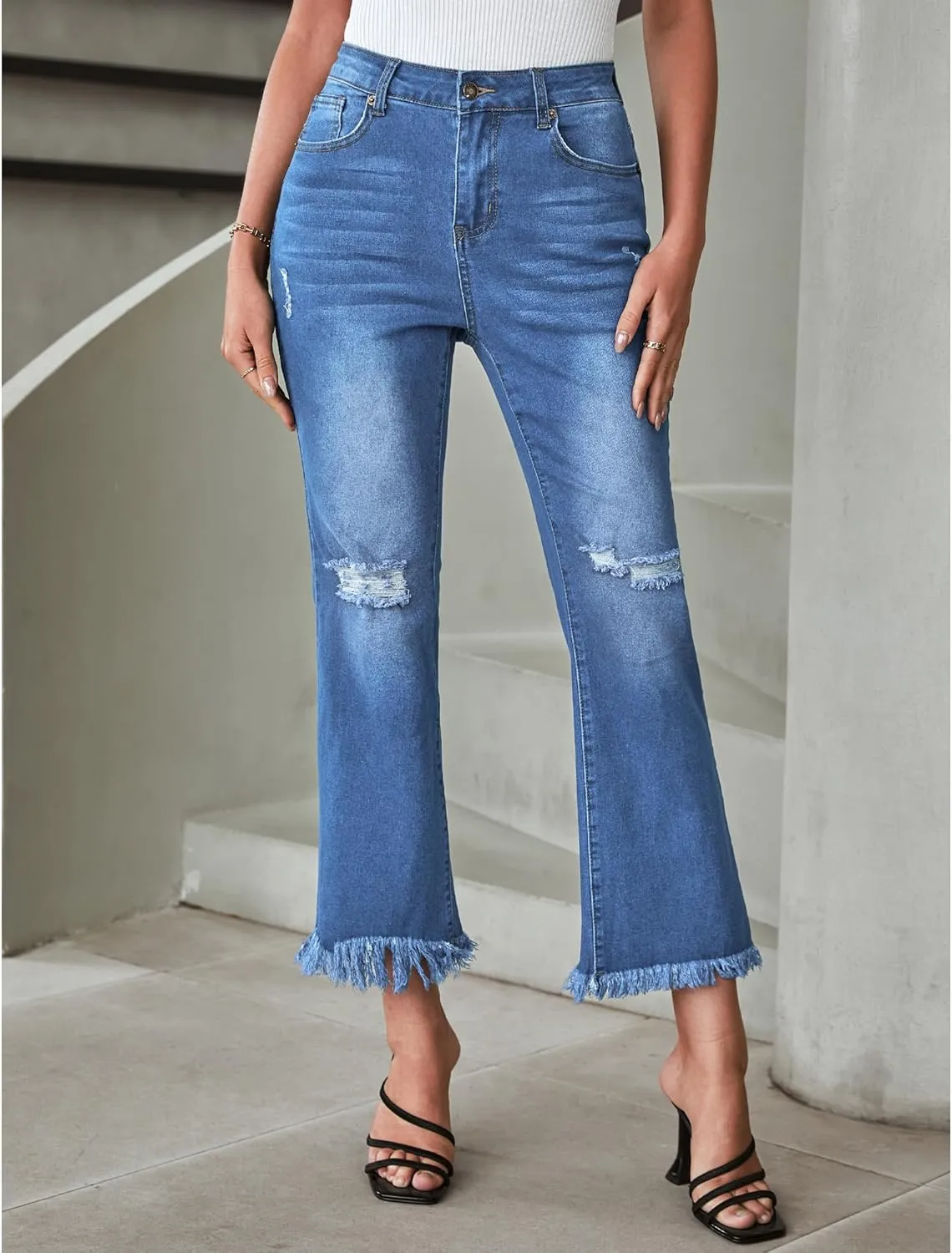 GRAPENT Flare Jeans for Women Trendy High Waisted Cropped Ripped Jeans Wide Leg Stretchy Denim Ankle Pants Raw Hem Jeans