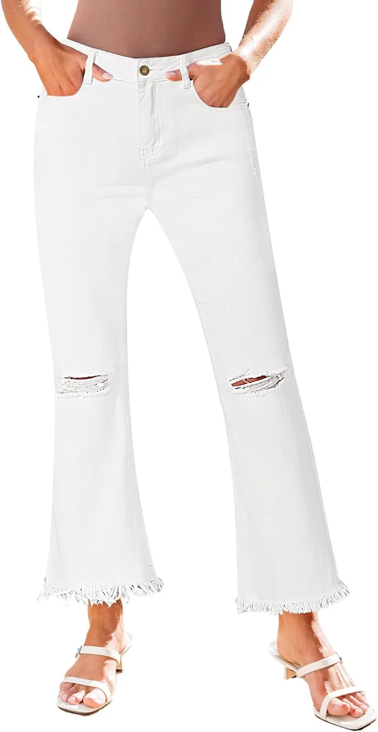 GRAPENT Flare Jeans for Women Trendy High Waisted Cropped Ripped Jeans Wide Leg Stretchy Denim Ankle Pants Raw Hem Jeans