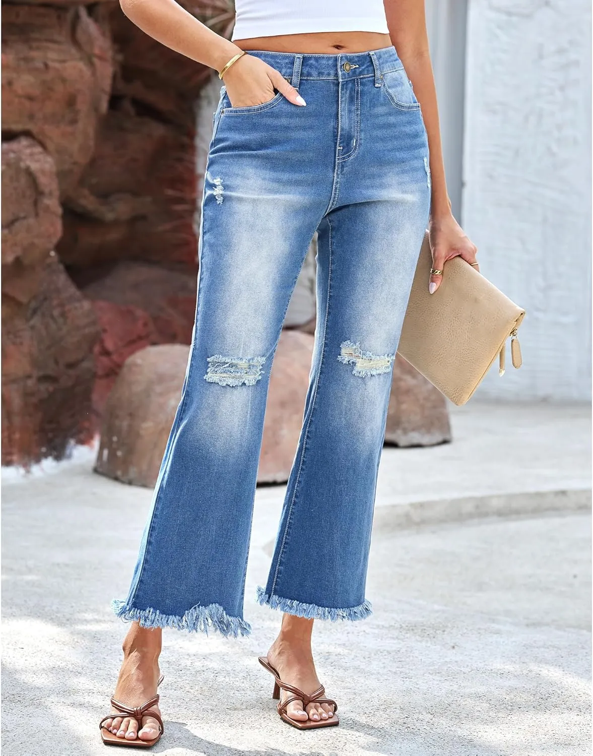GRAPENT Flare Jeans for Women Trendy High Waisted Cropped Ripped Jeans Wide Leg Stretchy Denim Ankle Pants Raw Hem Jeans