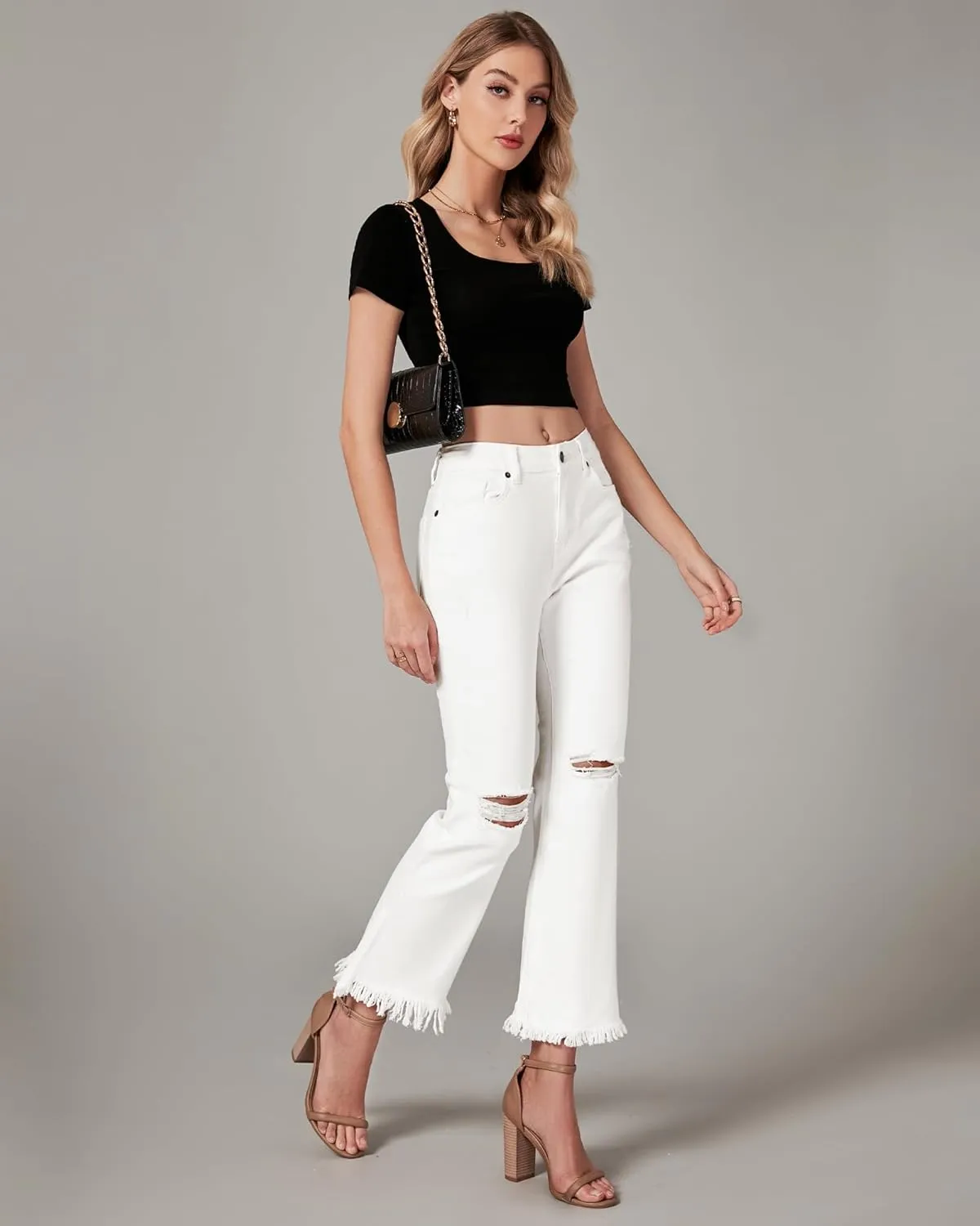 GRAPENT Flare Jeans for Women Trendy High Waisted Cropped Ripped Jeans Wide Leg Stretchy Denim Ankle Pants Raw Hem Jeans