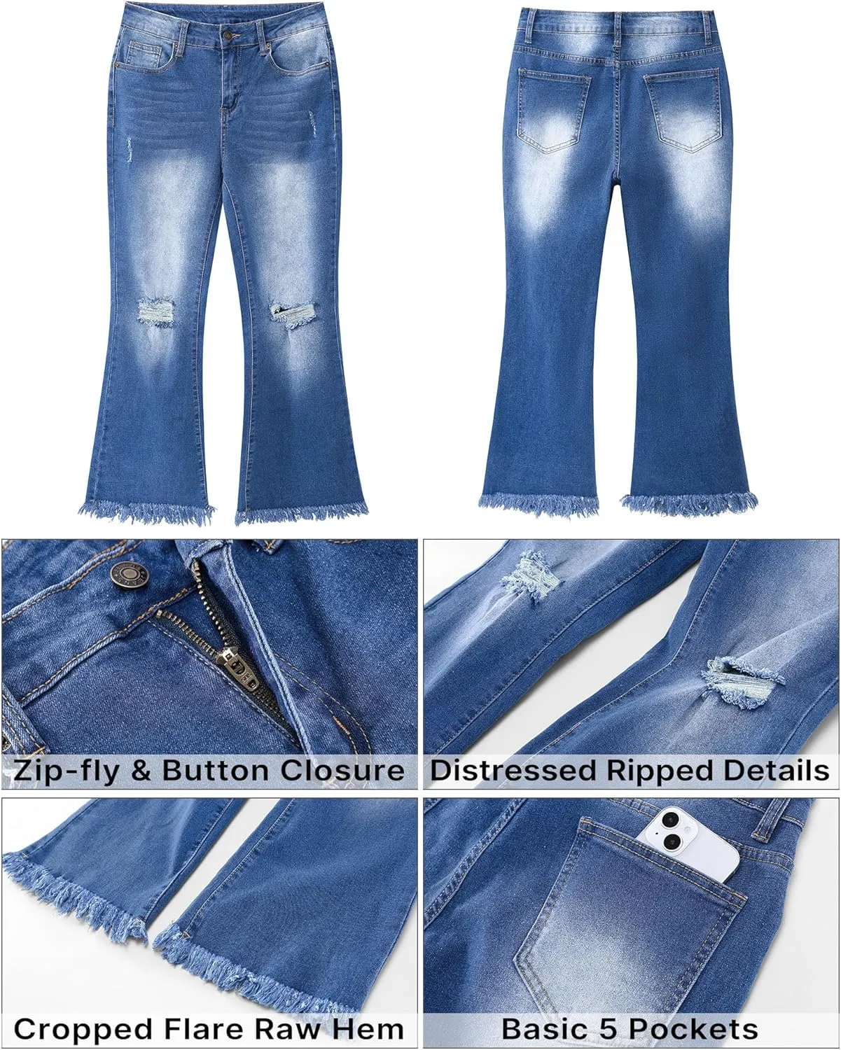 GRAPENT Flare Jeans for Women Trendy High Waisted Cropped Ripped Jeans Wide Leg Stretchy Denim Ankle Pants Raw Hem Jeans