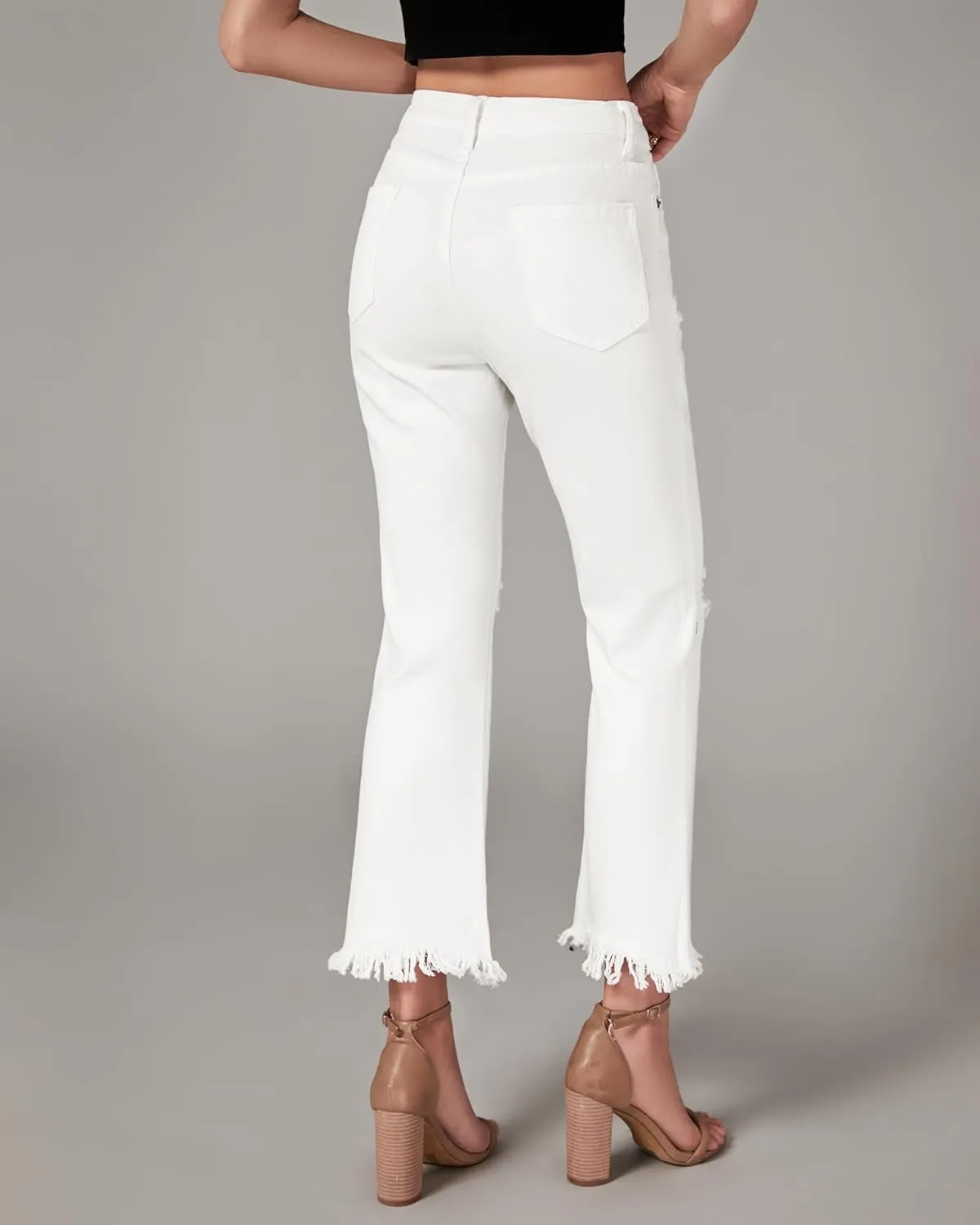 GRAPENT Flare Jeans for Women Trendy High Waisted Cropped Ripped Jeans Wide Leg Stretchy Denim Ankle Pants Raw Hem Jeans