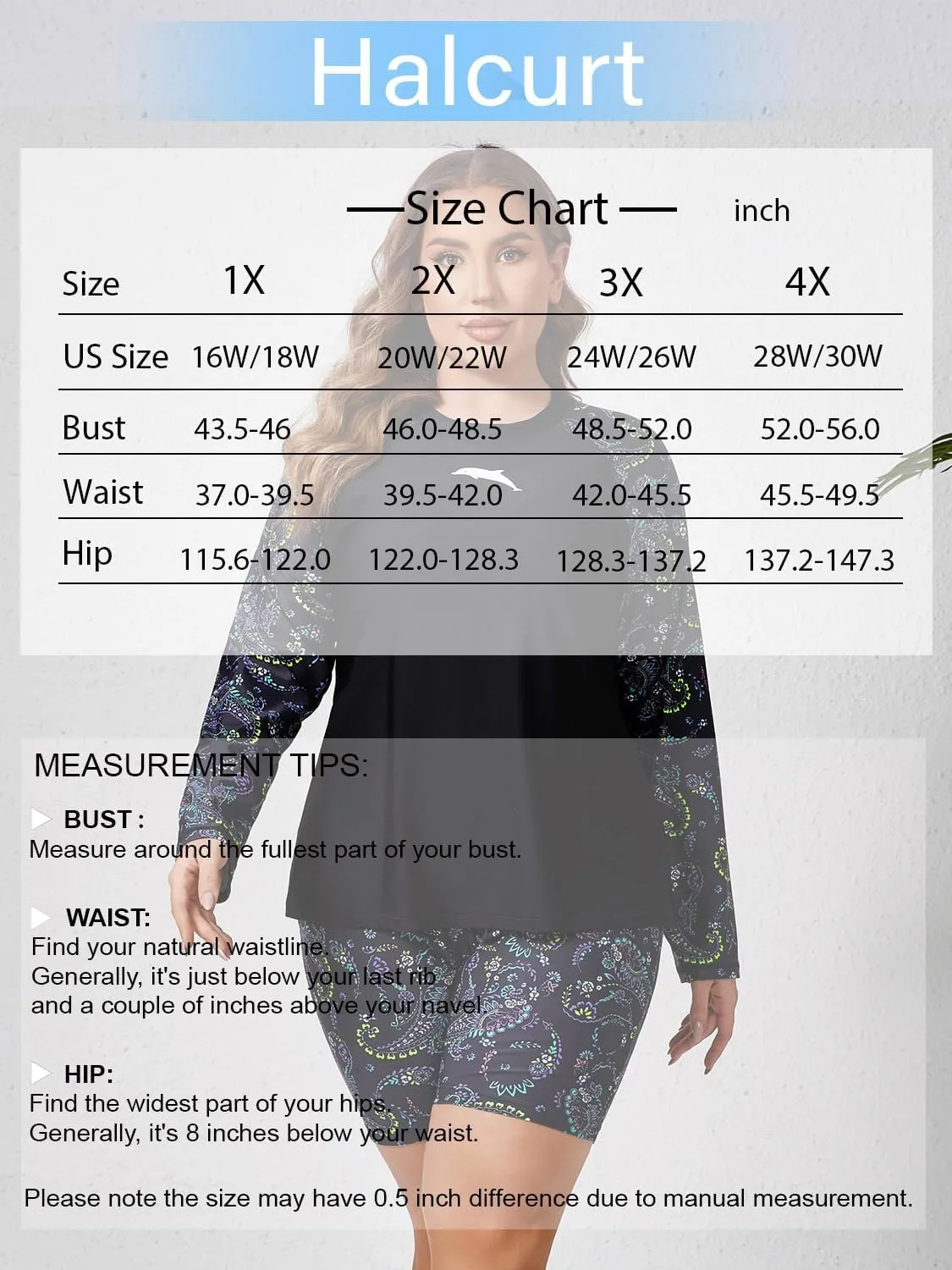 Halcurt Women's Built in Bra Long Sleeve Rash Guard Plus Size 2 Piece Swimsuit Shirt and Shorts