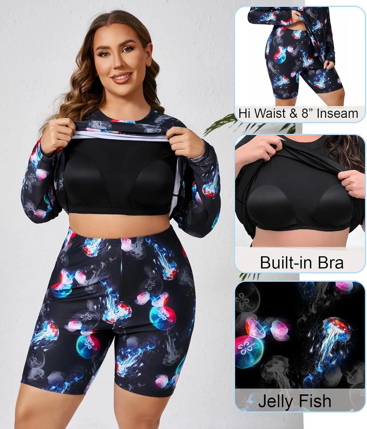 Halcurt Women's Built in Bra Long Sleeve Rash Guard Plus Size 2 Piece Swimsuit Shirt and Shorts