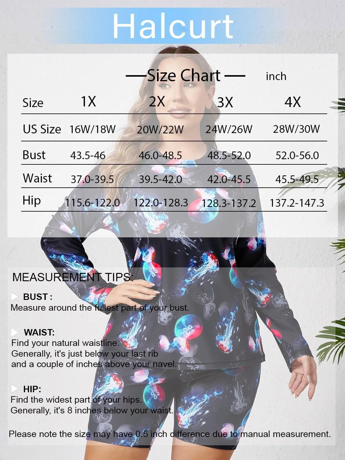 Halcurt Women's Built in Bra Long Sleeve Rash Guard Plus Size 2 Piece Swimsuit Shirt and Shorts