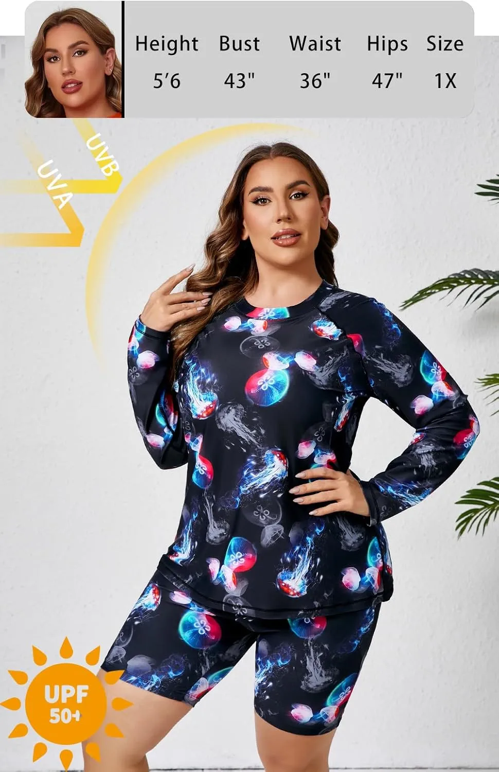 Halcurt Women's Built in Bra Long Sleeve Rash Guard Plus Size 2 Piece Swimsuit Shirt and Shorts