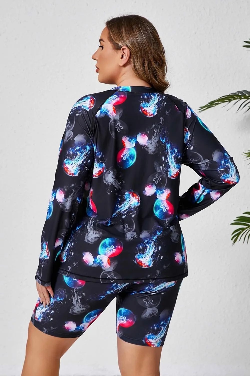 Halcurt Women's Built in Bra Long Sleeve Rash Guard Plus Size 2 Piece Swimsuit Shirt and Shorts