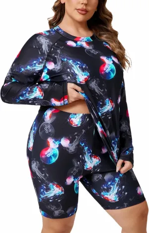 Halcurt Women's Built in Bra Long Sleeve Rash Guard Plus Size 2 Piece Swimsuit Shirt and Shorts