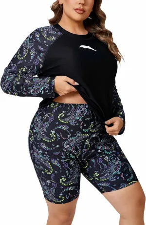 Halcurt Women's Built in Bra Long Sleeve Rash Guard Plus Size 2 Piece Swimsuit Shirt and Shorts
