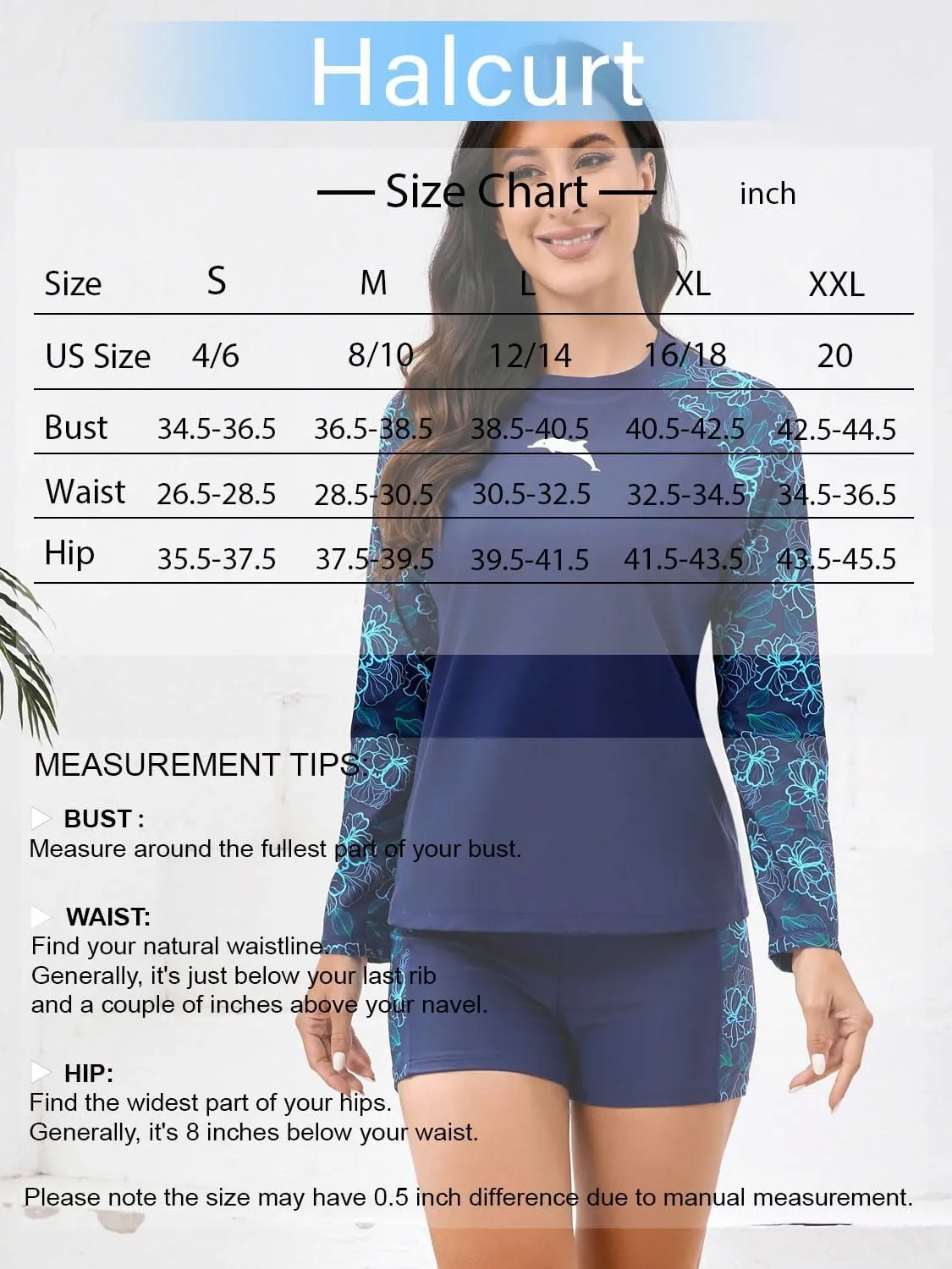Halcurt Women's Built in Bra Rash Guard Long Sleeve Swimwear UPF 50 Two Piece Swim Shorts and Tops
