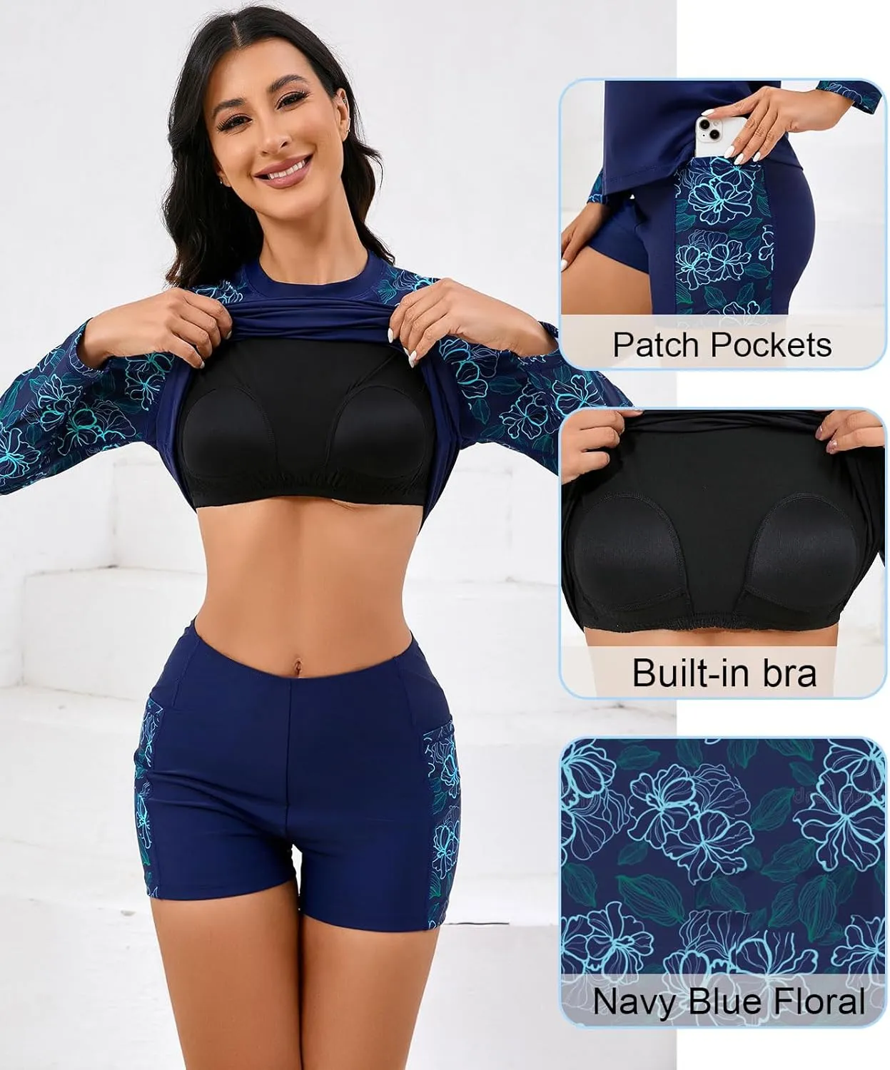 Halcurt Women's Built in Bra Rash Guard Long Sleeve Swimwear UPF 50 Two Piece Swim Shorts and Tops