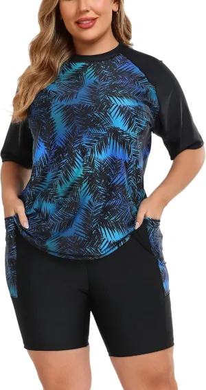 Halcurt Women's Plus Built in Bra Rash Guard Two Piece Swim Shirt and Pockets Boyleg Shorts