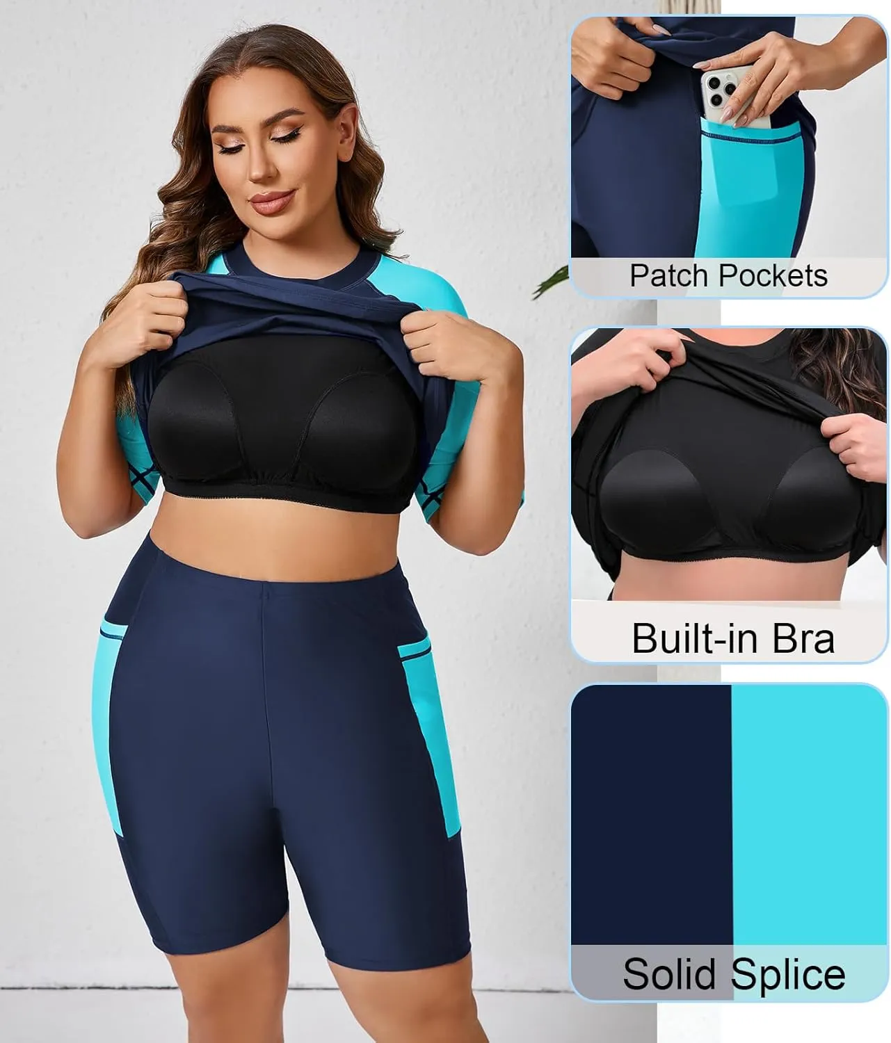 Halcurt Women's Plus Built in Bra Rash Guard Two Piece Swim Shirt and Pockets Boyleg Shorts
