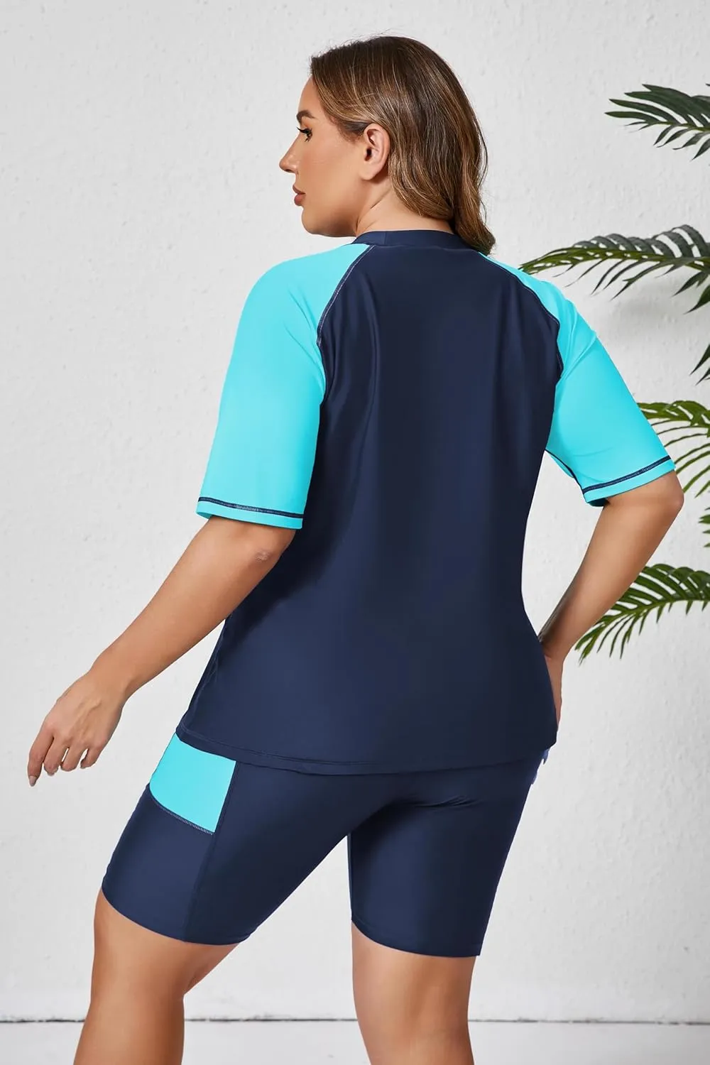 Halcurt Women's Plus Built in Bra Rash Guard Two Piece Swim Shirt and Pockets Boyleg Shorts