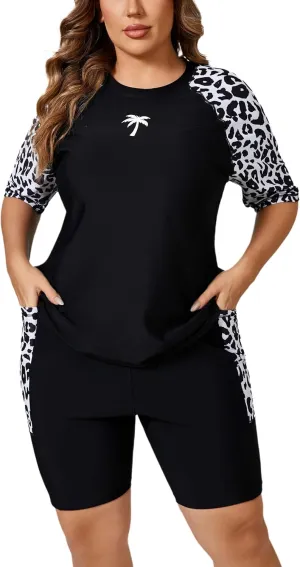 Halcurt Women's Plus Built in Bra Rash Guard Two Piece Swim Shirt and Pockets Boyleg Shorts