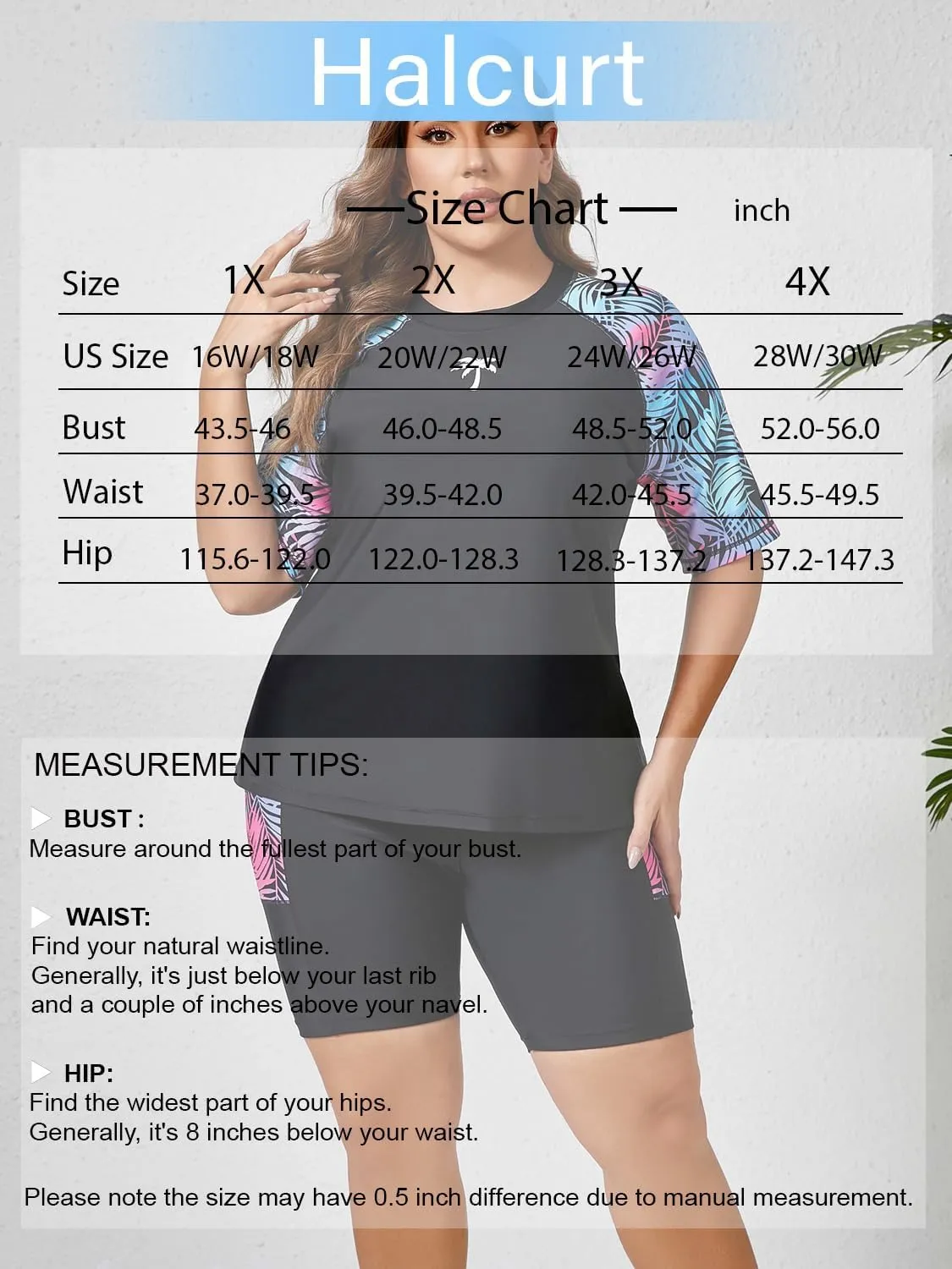 Halcurt Women's Plus Built in Bra Rash Guard Two Piece Swim Shirt and Pockets Boyleg Shorts