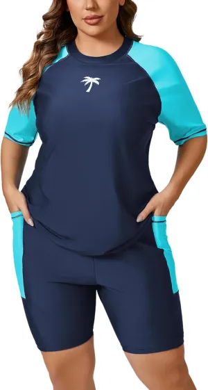 Halcurt Women's Plus Built in Bra Rash Guard Two Piece Swim Shirt and Pockets Boyleg Shorts