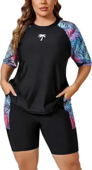 Halcurt Women's Plus Built in Bra Rash Guard Two Piece Swim Shirt and Pockets Boyleg Shorts