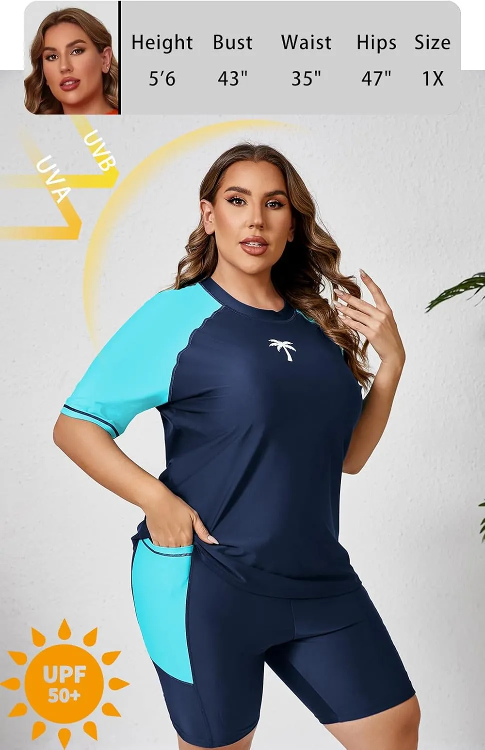 Halcurt Women's Plus Built in Bra Rash Guard Two Piece Swim Shirt and Pockets Boyleg Shorts