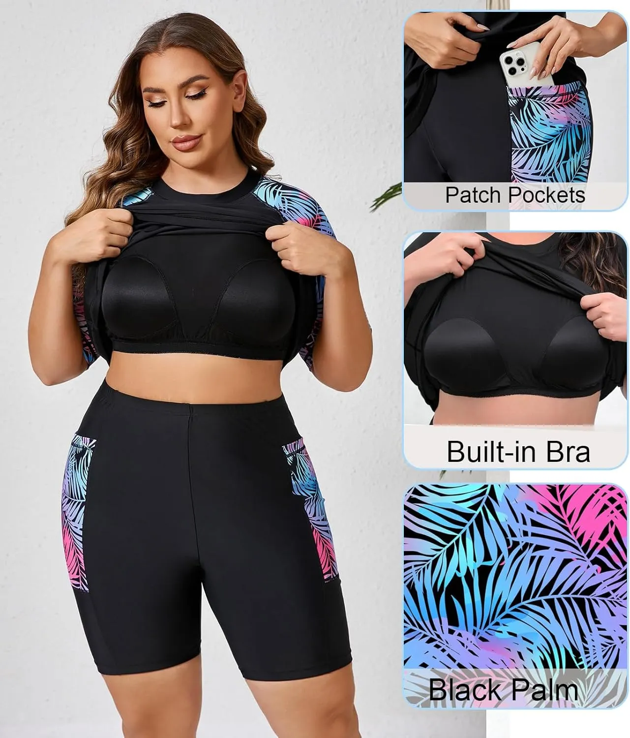 Halcurt Women's Plus Built in Bra Rash Guard Two Piece Swim Shirt and Pockets Boyleg Shorts