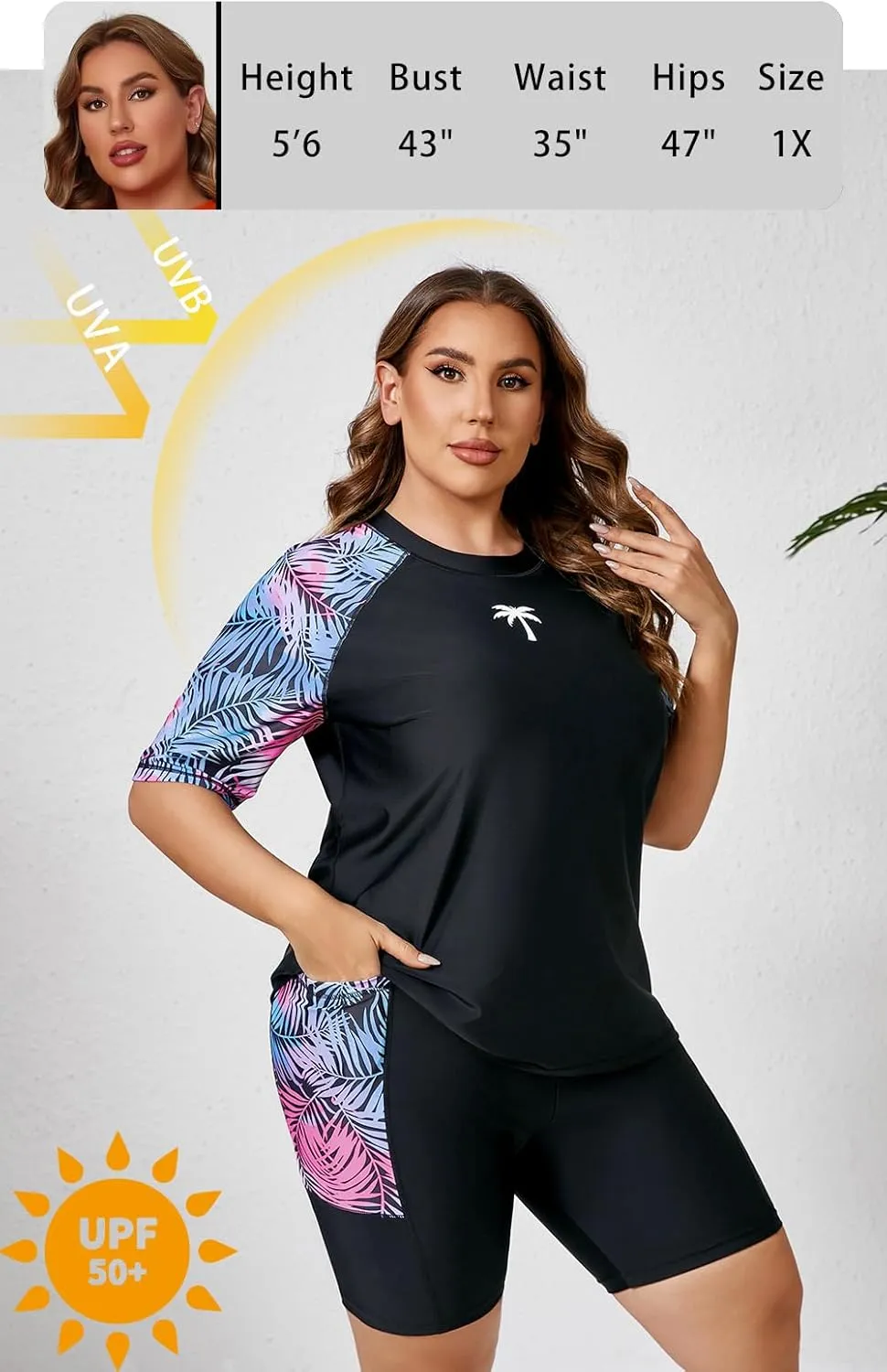 Halcurt Women's Plus Built in Bra Rash Guard Two Piece Swim Shirt and Pockets Boyleg Shorts