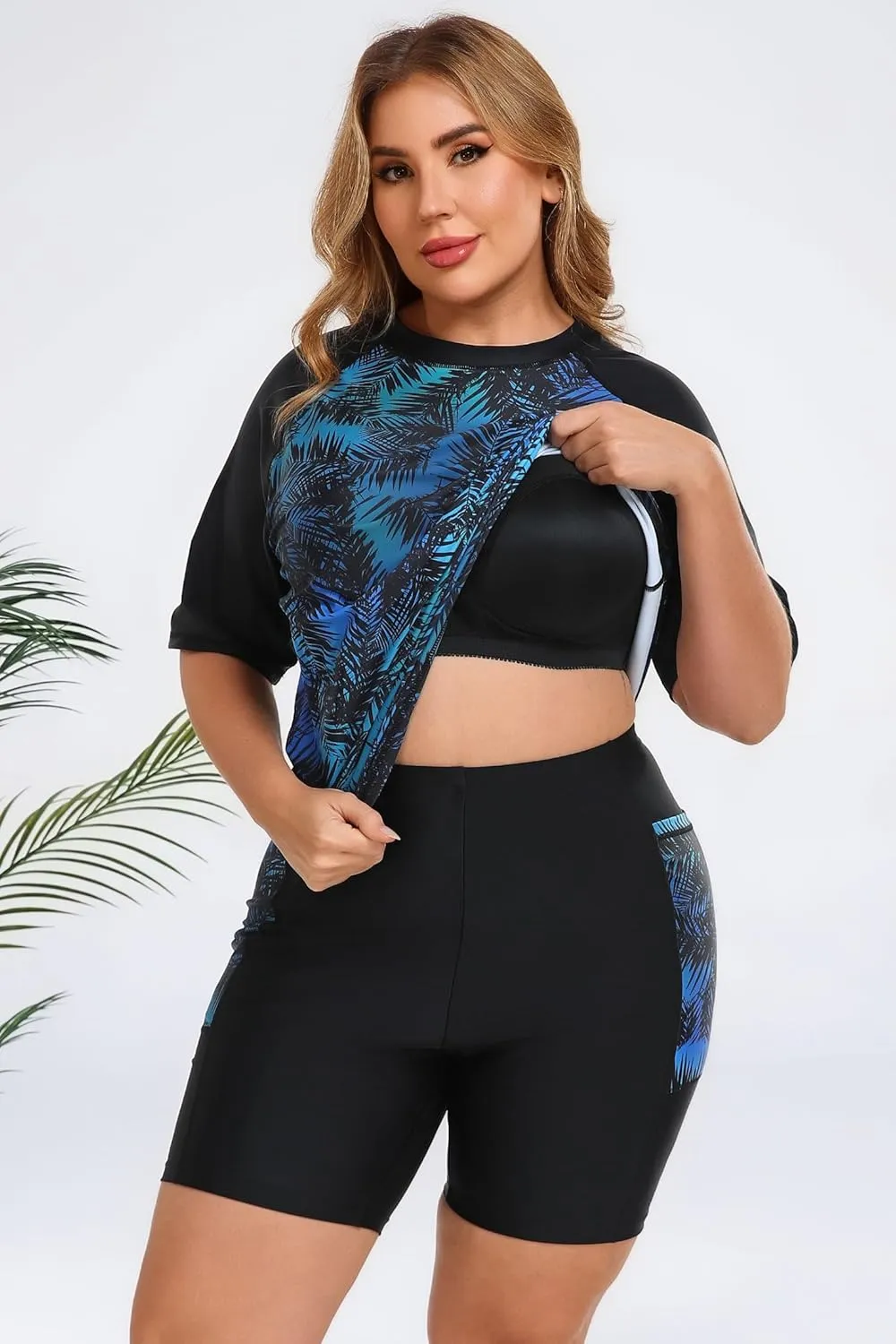 Halcurt Women's Plus Built in Bra Rash Guard Two Piece Swim Shirt and Pockets Boyleg Shorts