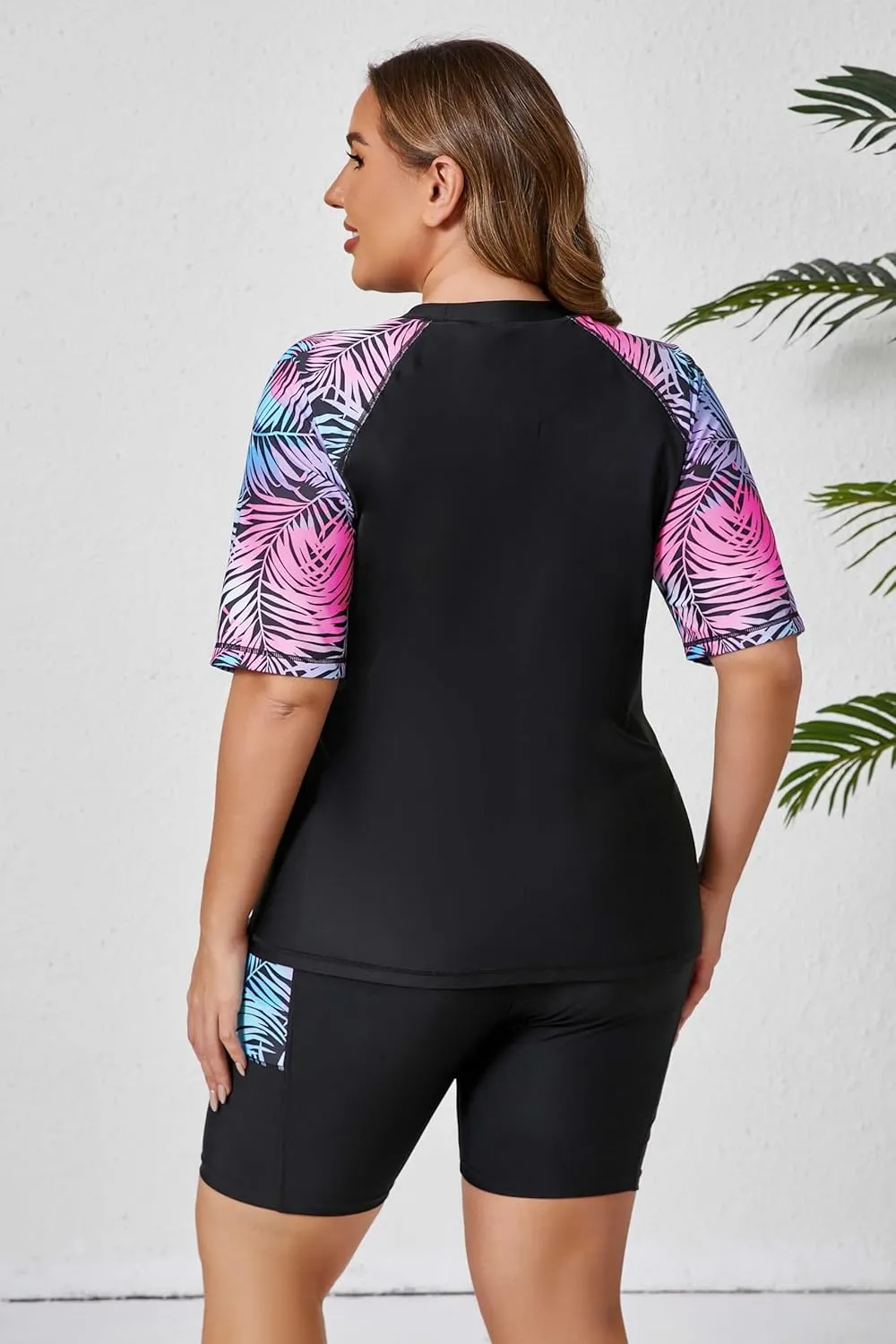 Halcurt Women's Plus Built in Bra Rash Guard Two Piece Swim Shirt and Pockets Boyleg Shorts