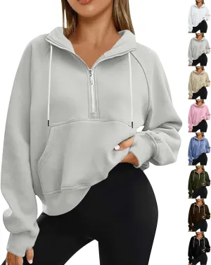 Half Zip Fleece Pullover Sweatshirts Women Fall Crop Sweatshirts No Hood Preppy Sweatshirt Wrap Sweaters with Pockets