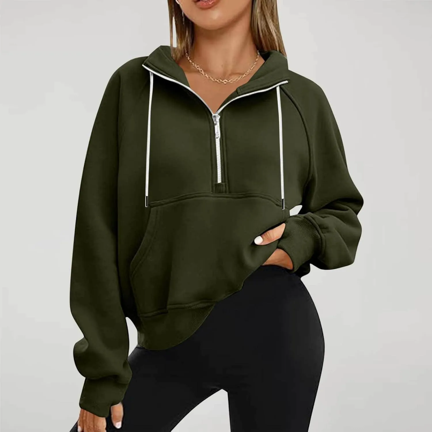 Half Zip Fleece Pullover Sweatshirts Women Fall Crop Sweatshirts No Hood Preppy Sweatshirt Wrap Sweaters with Pockets