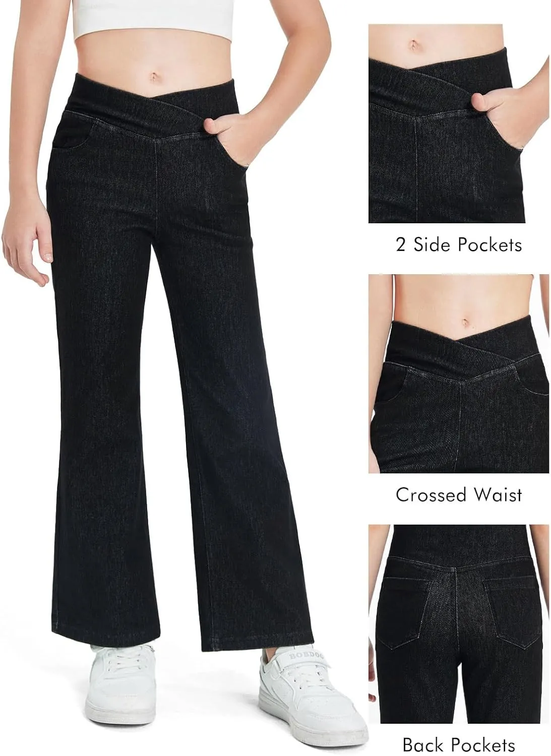Haloumoning Girls Crossover Flare Jeans Stretchy Bootcut Yoga Pants Bell Bottoms with Pockets